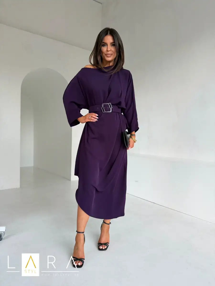 Elegantné midi šaty s opaskom, fialové