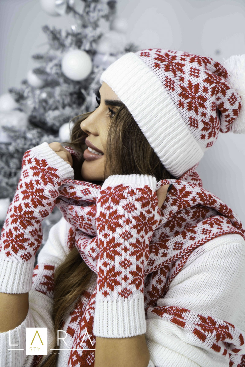 Zimný komplet čiapka, šál s rukavicami, bielo-červený