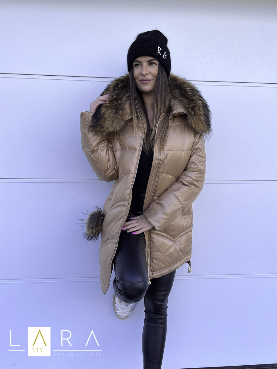 Luxusná zimná bunda s naturálnou kožušinou, karamelová