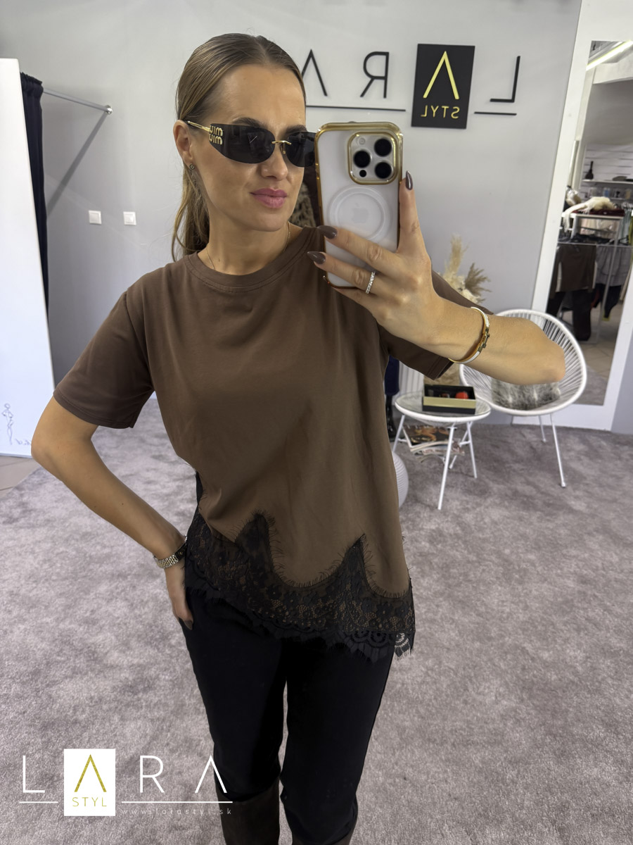 Dámske tričko s čipkou, hnedé