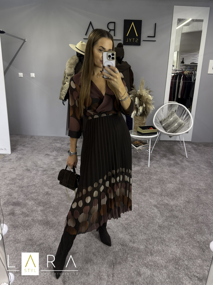 Plisované Midi šaty s opaskom, hnedé