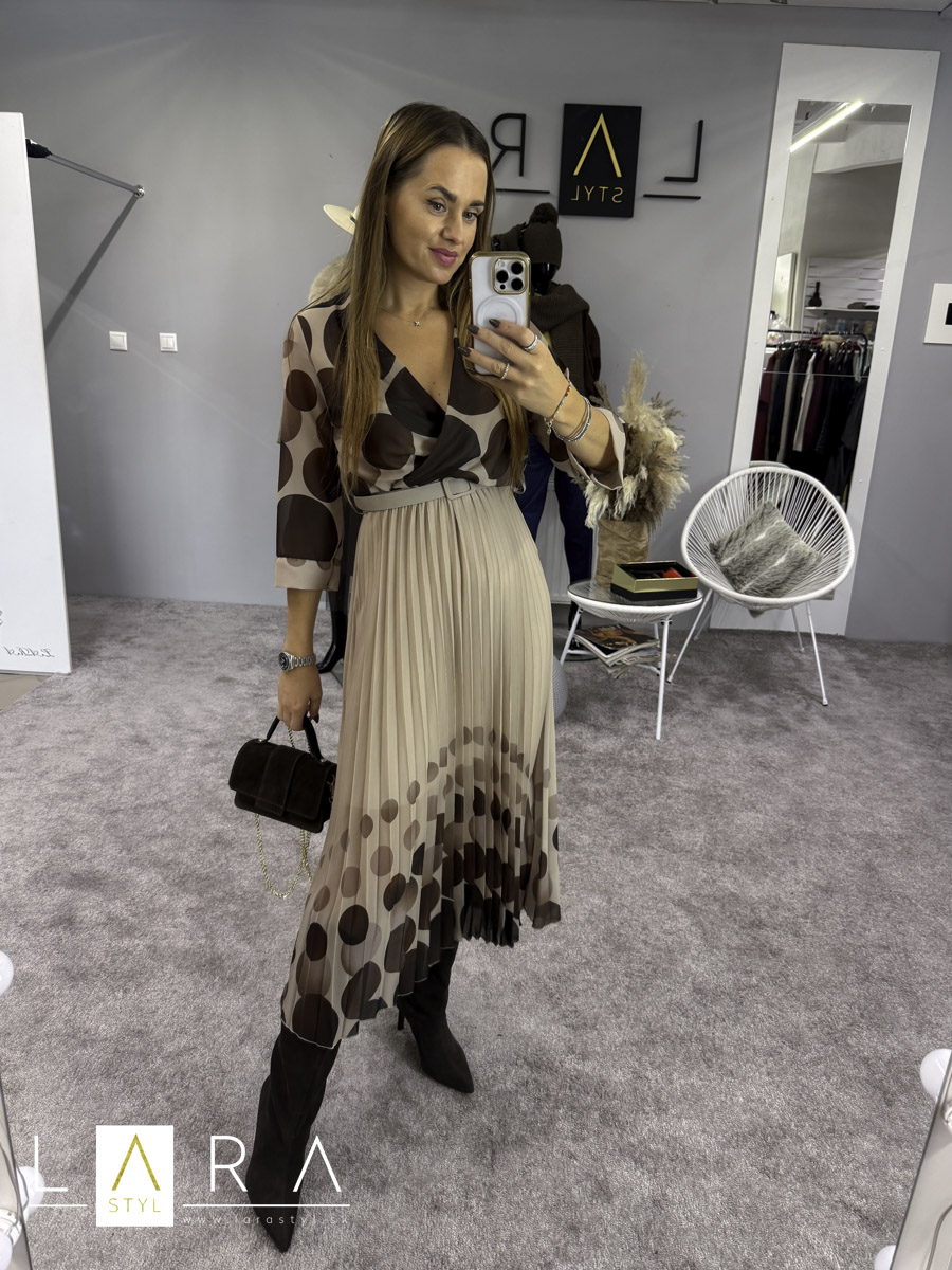 Plisované Midi šaty s opaskom, béžové