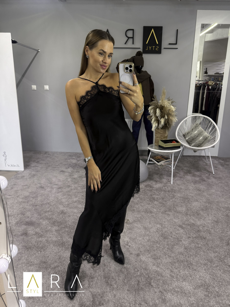 Saténové šaty s čipkou, čierne