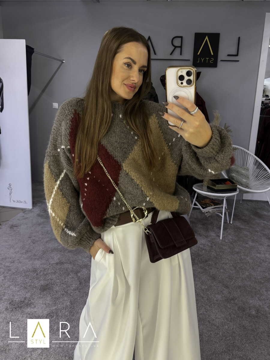 Úpletový sveter so vzorom, hnedý