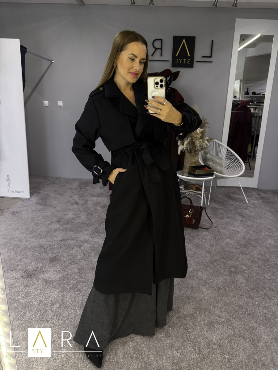 Dámsky dlhý kabát s podšívkou, čierny