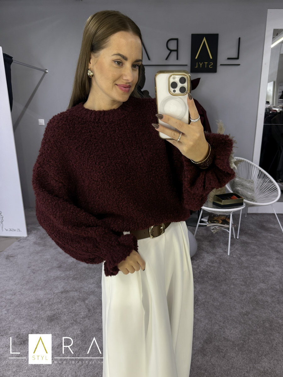 Úpletový sveter s volánikom, burgundy