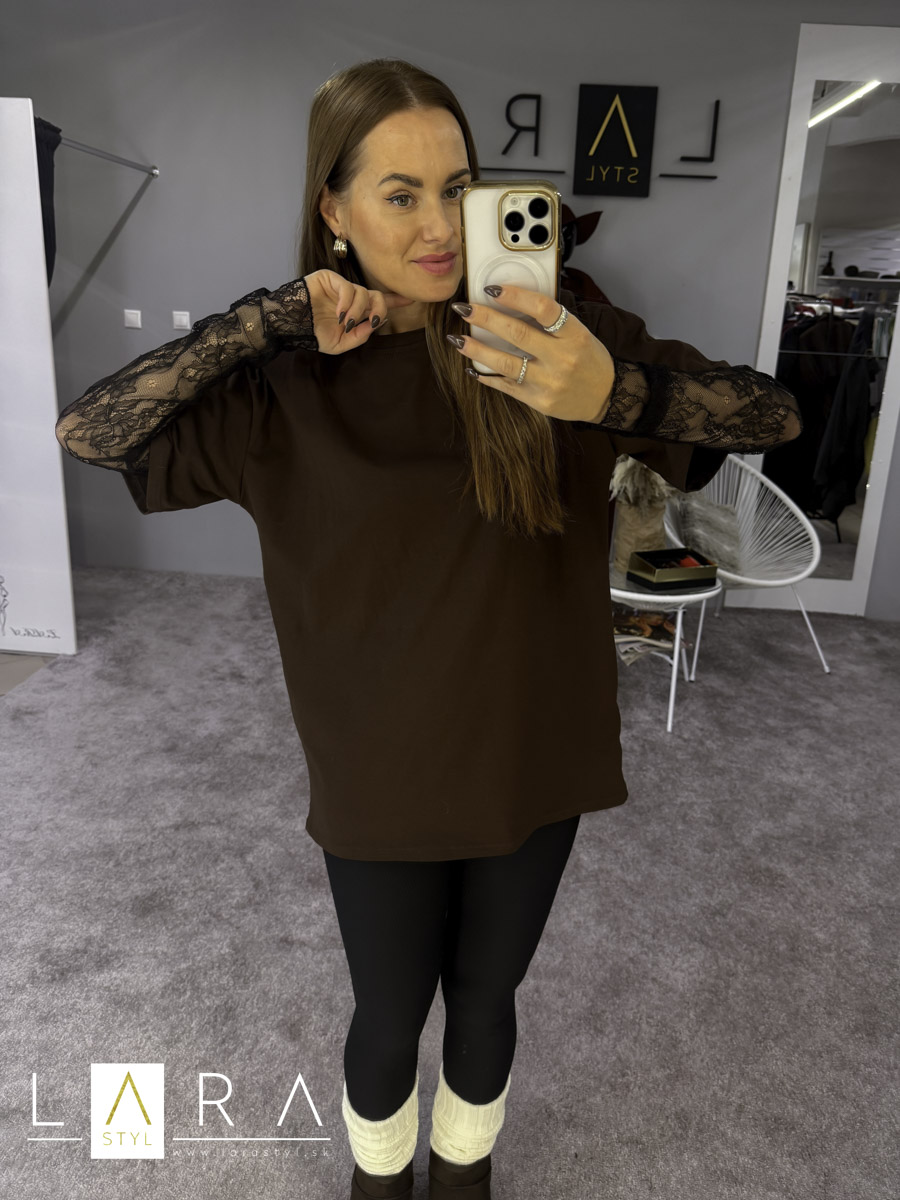 Tričko s krajkovými rukávmi, hnedé