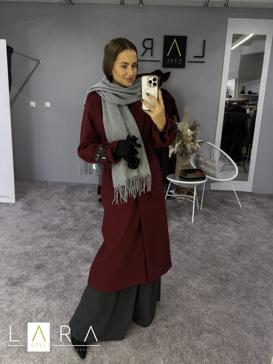 Dámsky dlhý kabát s podšívkou, burgundy