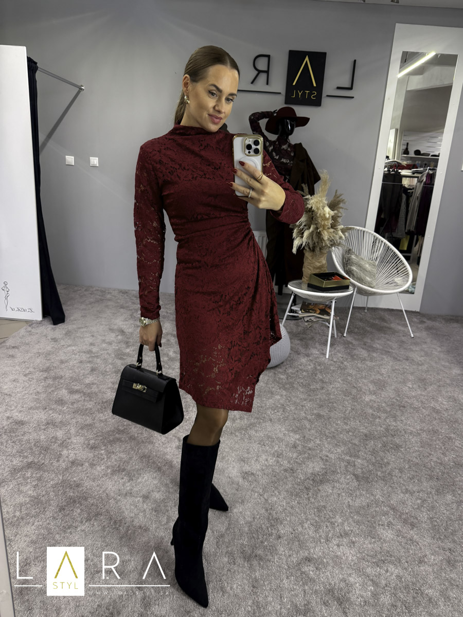 Krajkové šaty so stojačikom, burgundy