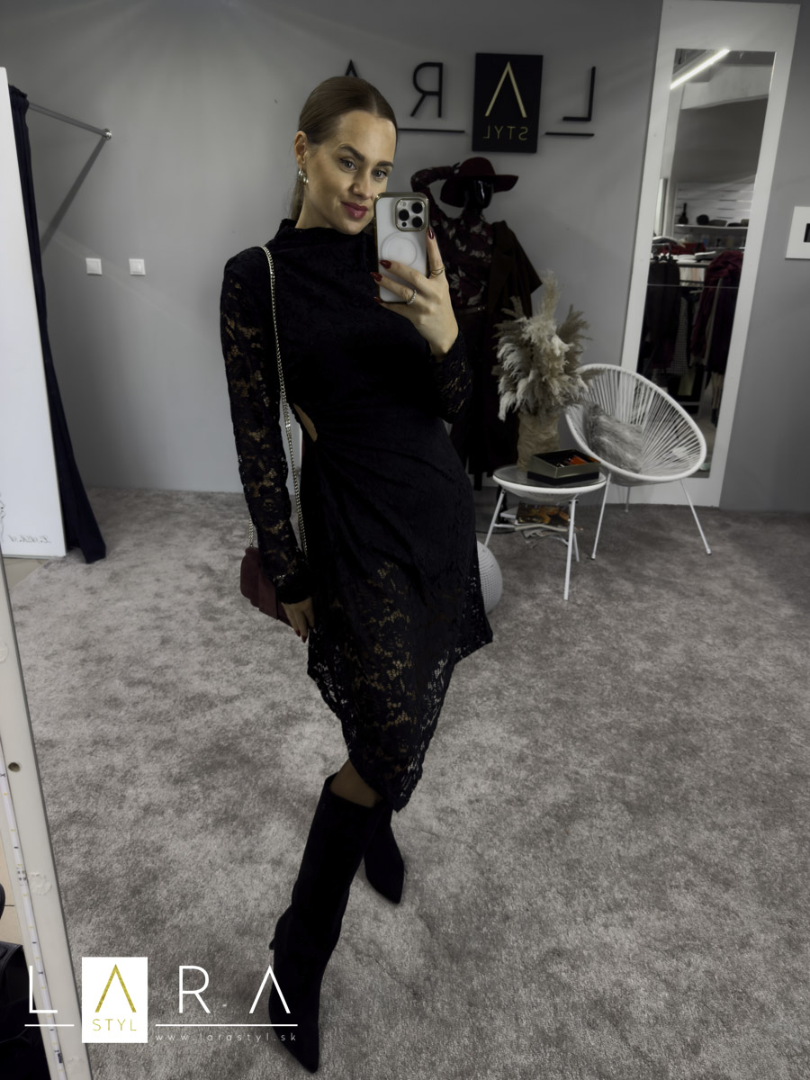 Krajkové šaty so stojačikom, čierne