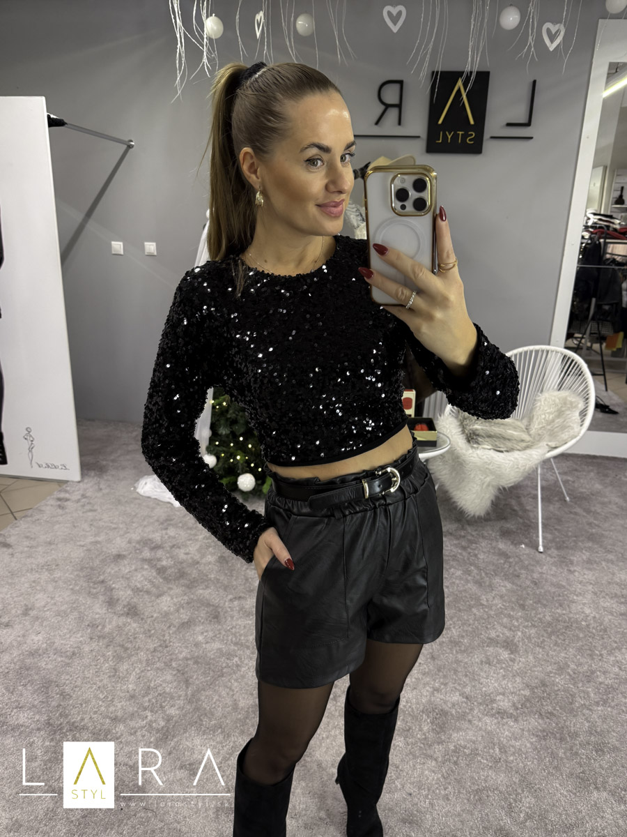 Flitrovaný top s viazanim na mašľu, čierny