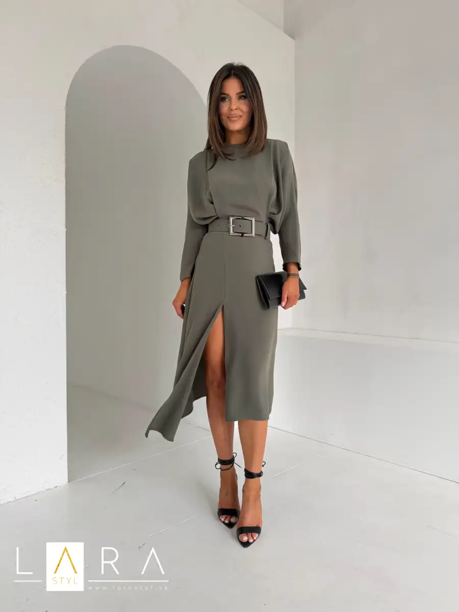 Elegantné midi šaty s opaskom, khaki