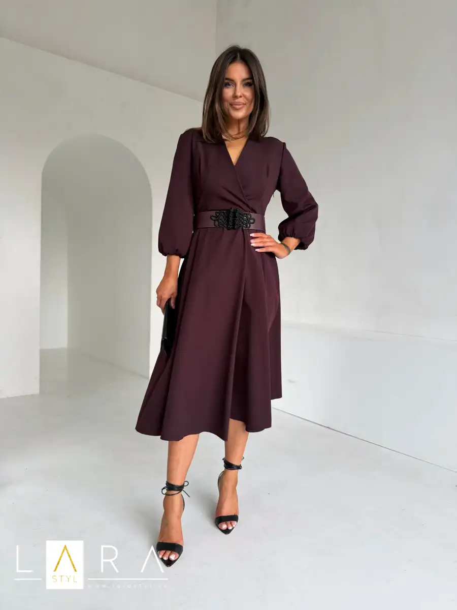 Elegantné midi šaty s opaskom, burgundy
