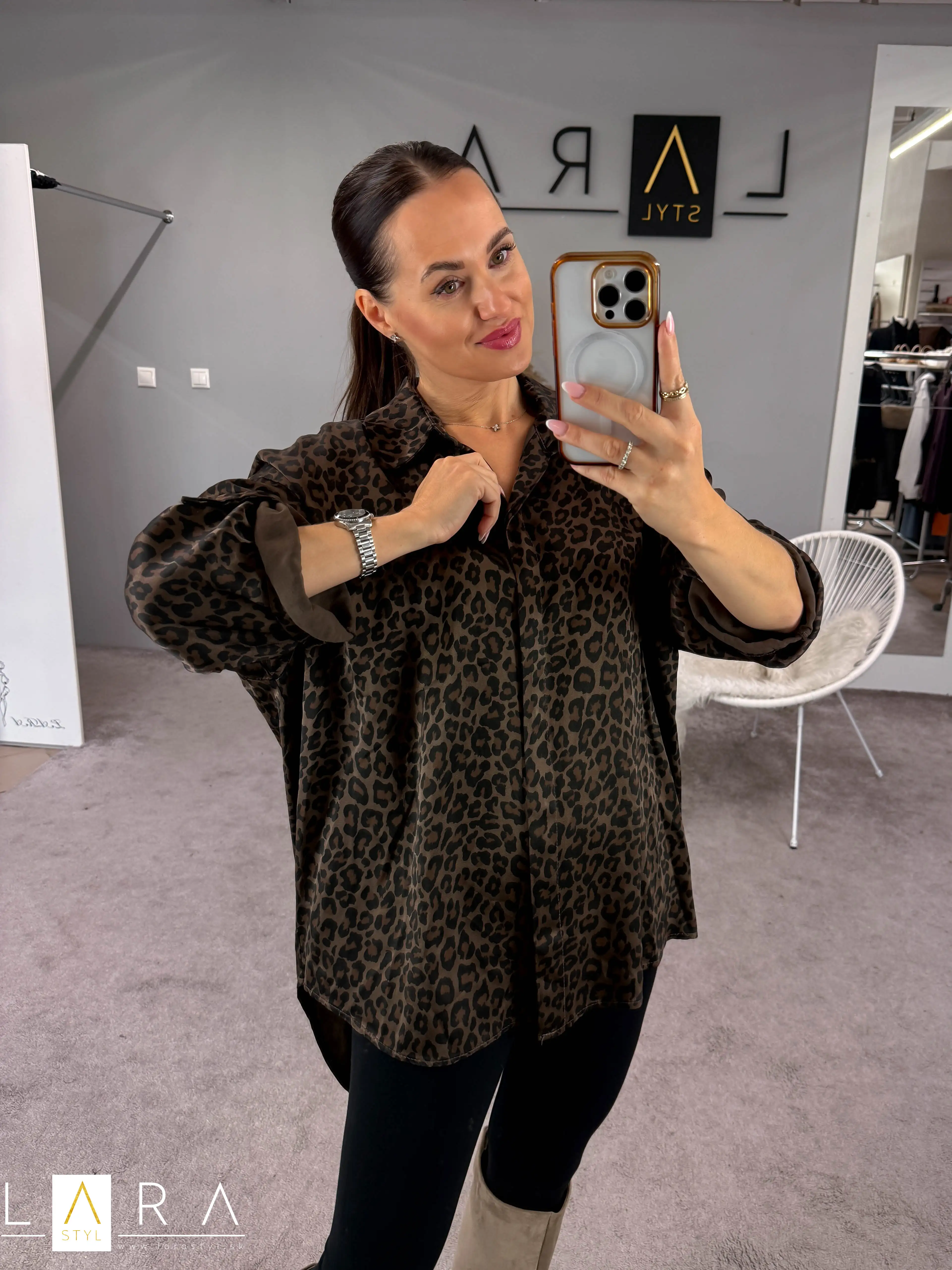 Dlhá košeľová blúzka, leopardí vzor, hnedá